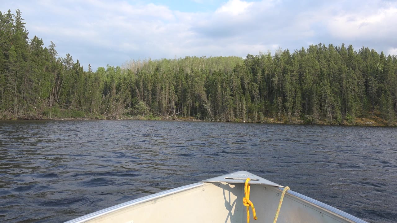 The canoe bow sits near the bottom center as darker ripples cross Red Lake and a continuous forest line fills the background below broken clouds, with no visible people.