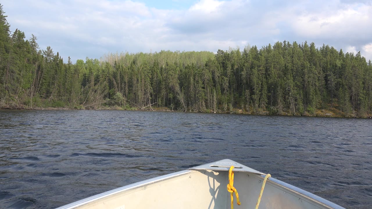 Canoe bow facing choppy lake water and dense trees