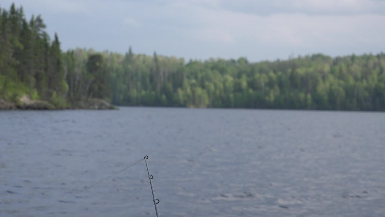 Fishing rod over choppy lake water with forest shoreline.