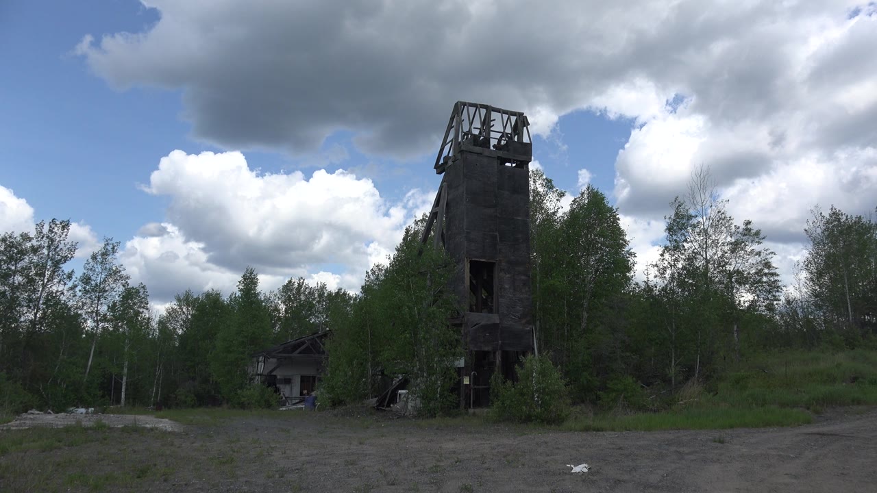 Wooden tower and forest edge viewed across open gravel.