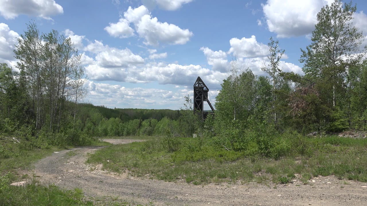 Forest clearing with dirt road and tall dark structure beneath scattered clouds.