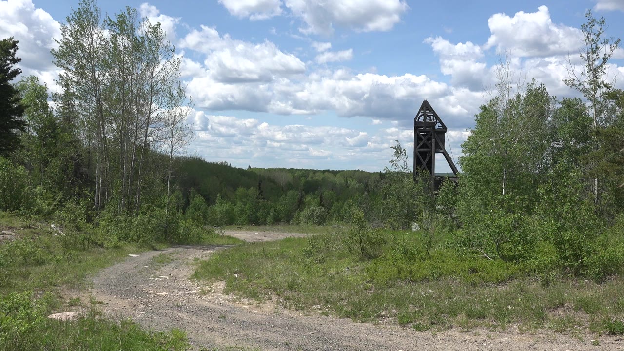 Red Lake, Canada dirt path curves through shrubs and tall trees with a dark wooden tower beyond the road and no visible people.