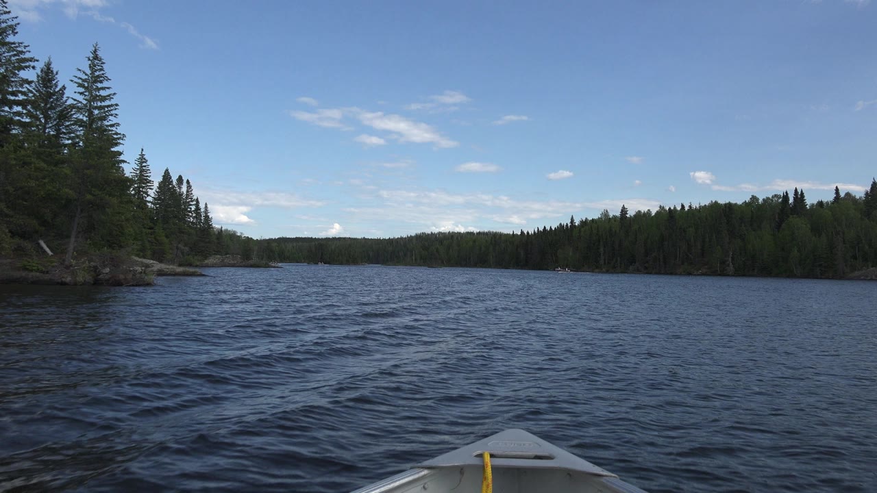 At 0:01 in Red Lake, Canada, the boat bow remains low in frame while small waves cross the foreground and dense green shoreline stretches across the horizon with no visible people.