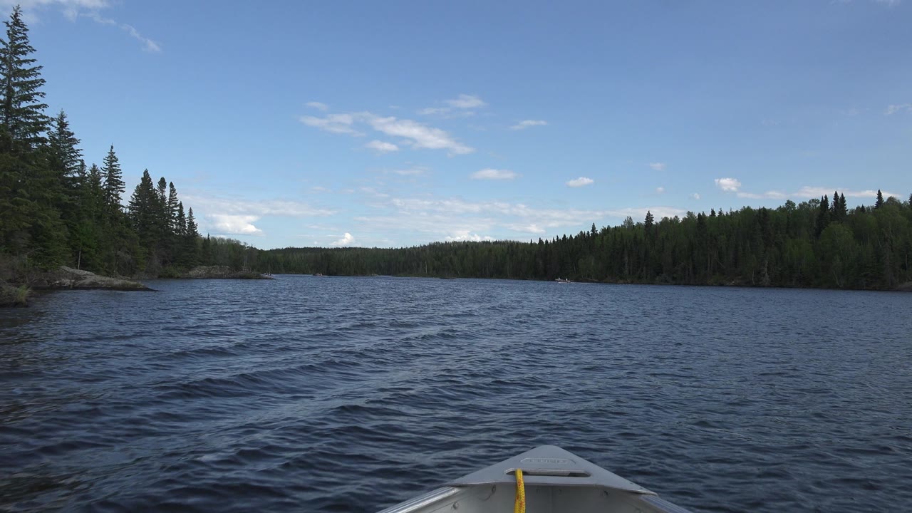 Boat bow facing open water with forest banks on both sides