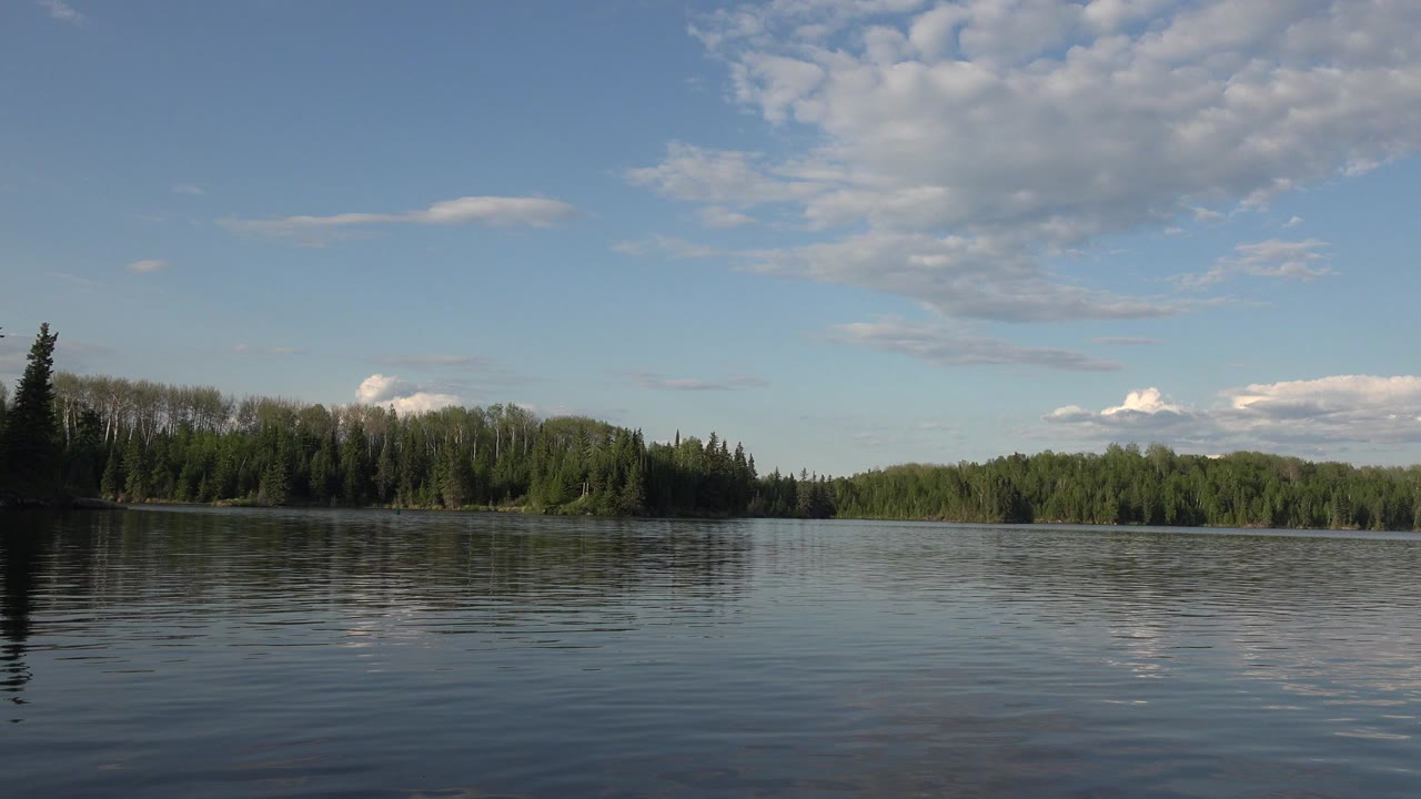 Wide lake with forest shoreline and cloudy blue sky.