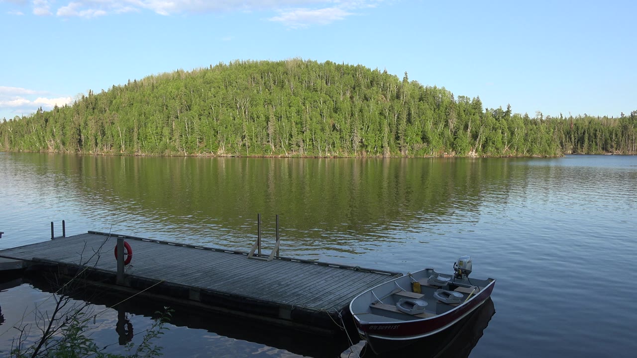 Dock and small boat in front of a tree-lined lake shore.