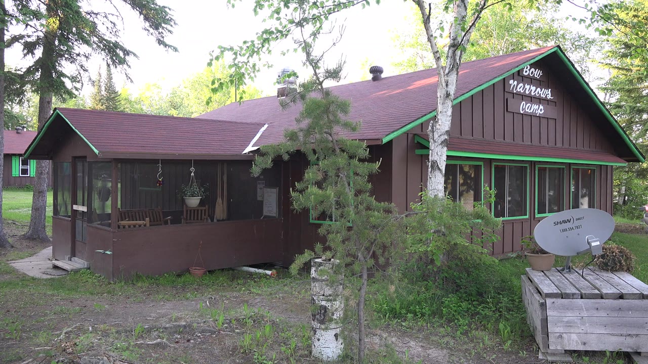 Brown cabin with green trim among trees and brush.