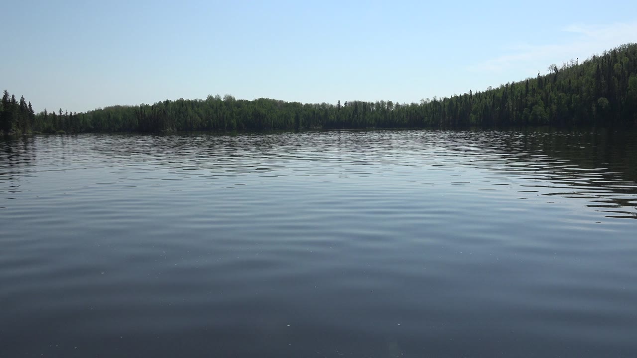 Opening frame of Red Lake, Canada lake water with low ripples, a dark green forest shoreline, a wooded rise on the right, clear blue sky, and no visible people.