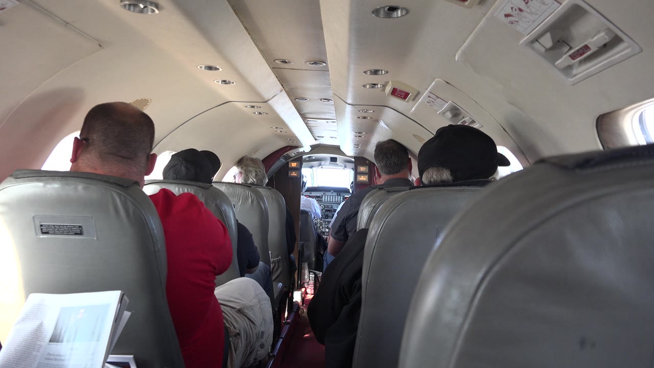 Airplane passengers seen over gray seatbacks with bright window light.