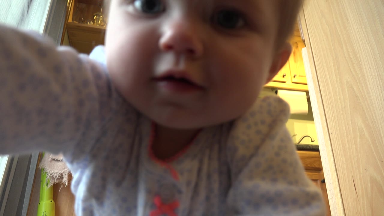 The toddler remains close to the low camera in the Westminster kitchen, with one arm forward and warm cabinet light visible in the background.