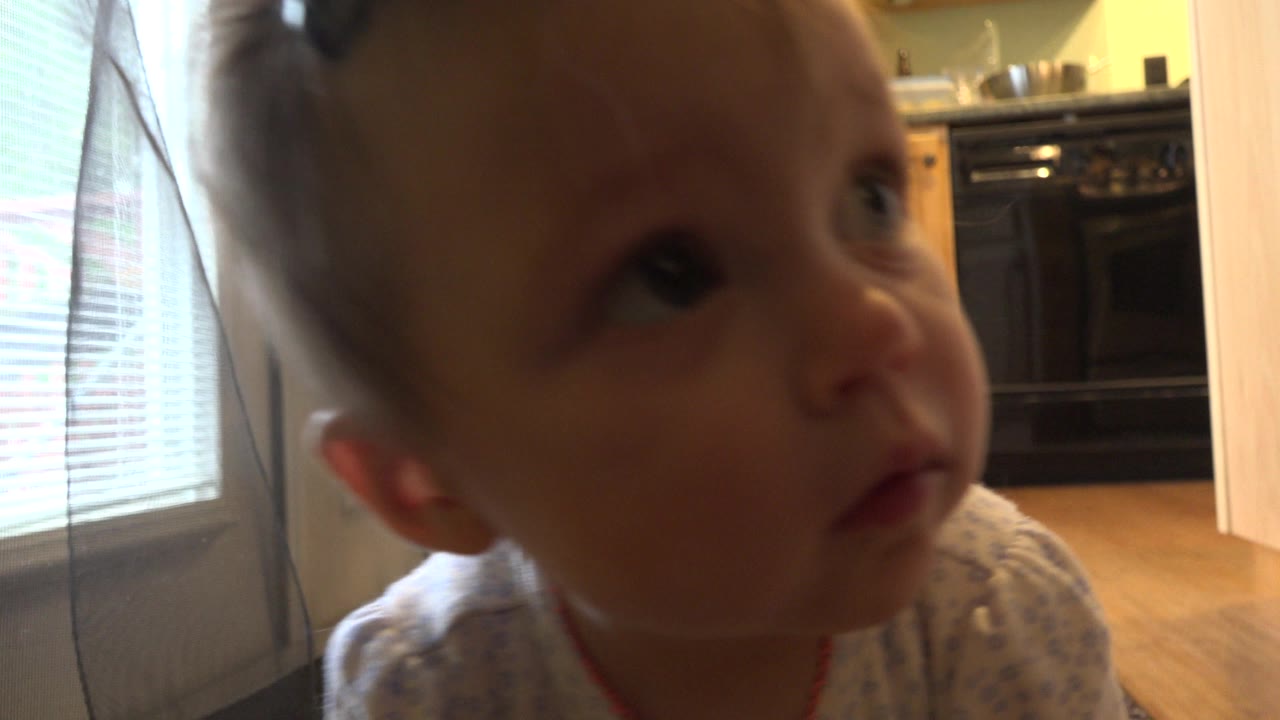 Close view of a baby seated near a glass door and kitchen doorway.