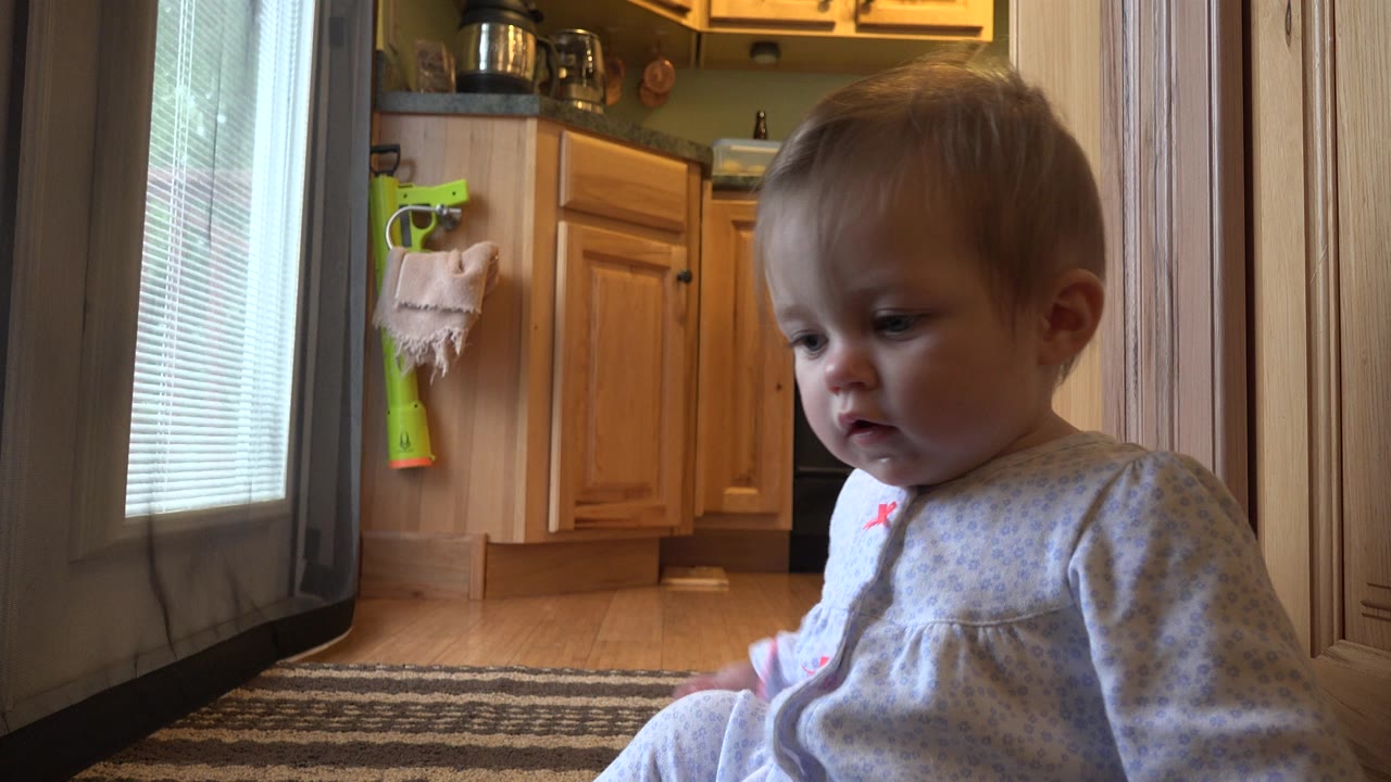 The baby remains seated on the rug in the Westminster home, looking down beside the glass door while wood cabinets and cookware sit in the kitchen background.