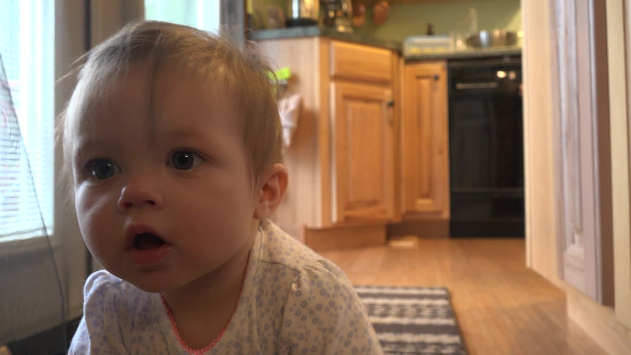 The toddler remains near the foreground, looking ahead beside glass French doors with warm kitchen cabinetry in the Westminster home background.