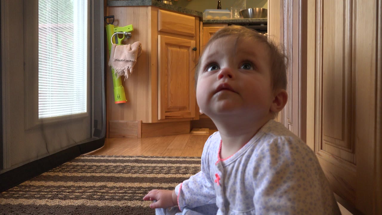 Young child sitting on a rug near a door and kitchen cabinets.