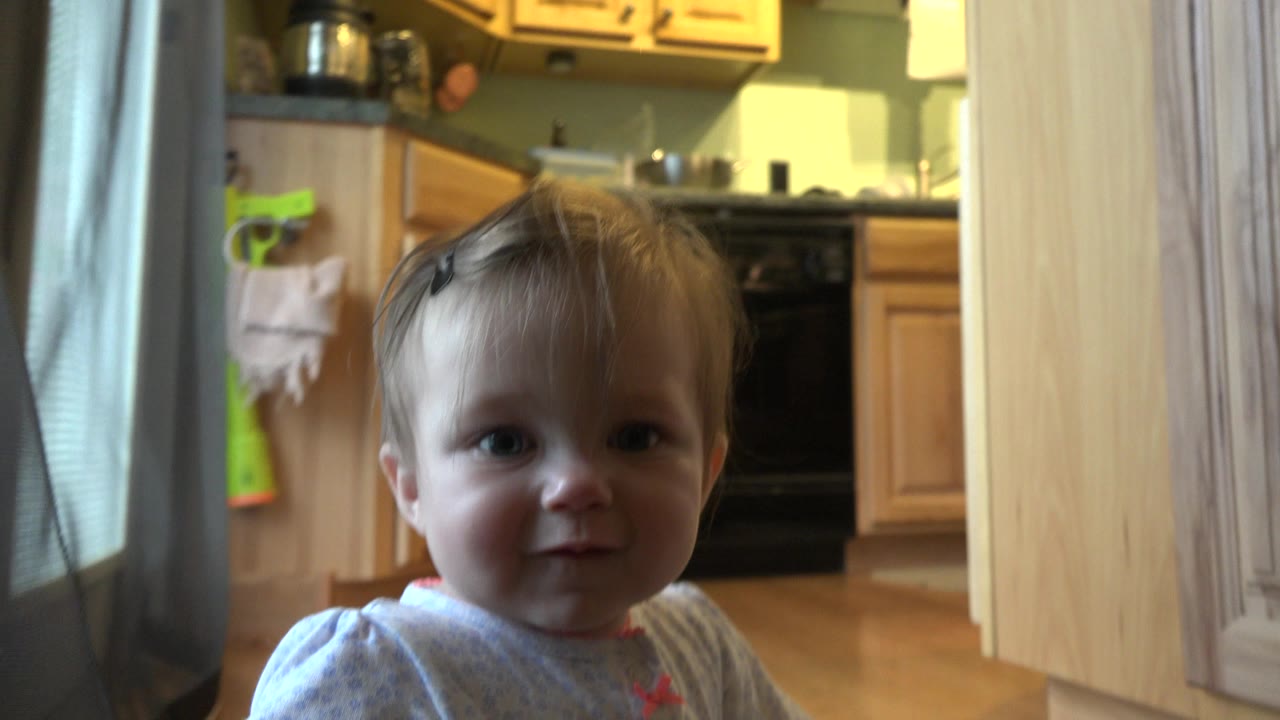 A baby sits close to a low camera in a Westminster, Colorado kitchen interior, with wood cabinets, a black oven, curtains, and warm light behind them.