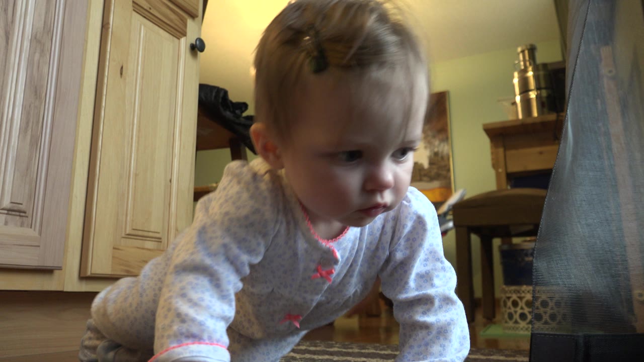 The baby continues crawling at floor level in the Westminster, Colorado interior, with the child's face turned slightly down and an adult leg standing near the cabinets.