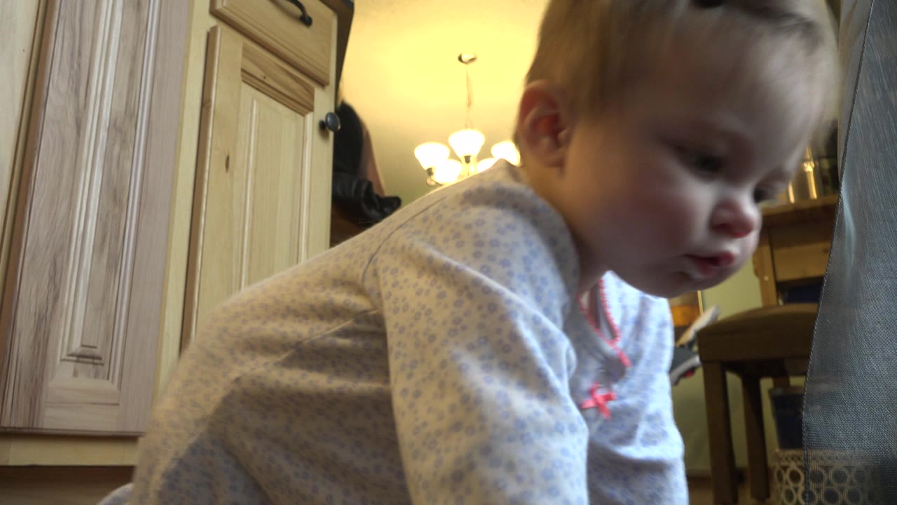 A close side view shows the baby crawling past the low camera in the Westminster, Colorado home, with warm ceiling light and kitchen cabinetry behind the child.