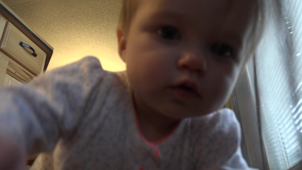 The baby remains close to the camera in the Westminster home interior, with a bright window and blinds along the right side of the frame.