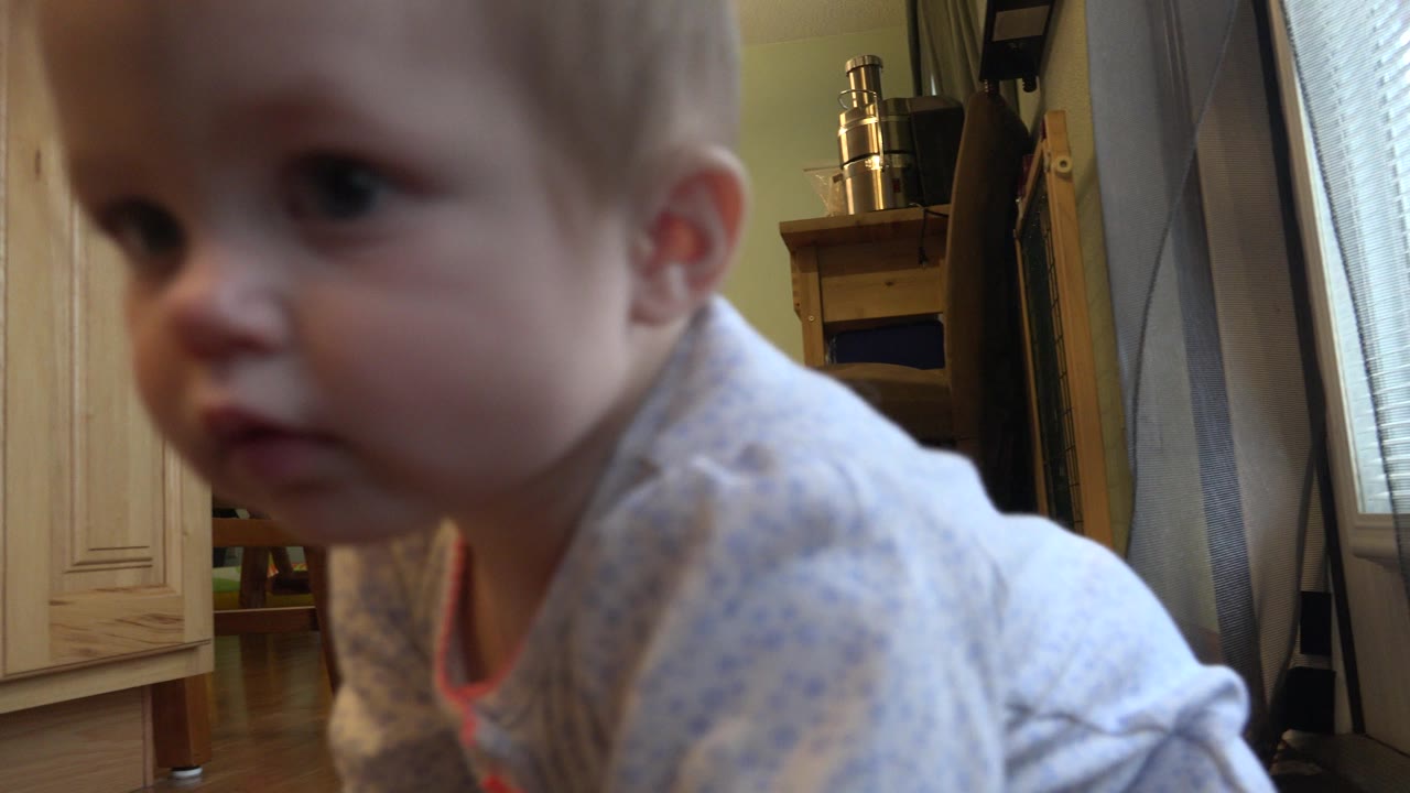 Blonde toddler crawling close to a floor-level camera indoors.