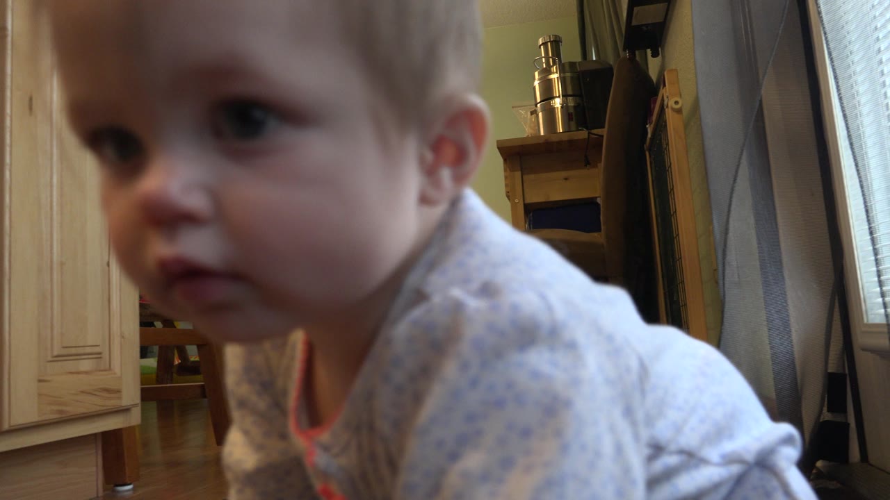 The toddler remains close to the ground camera in the Westminster home, with her face angled left and the room interior visible behind her.