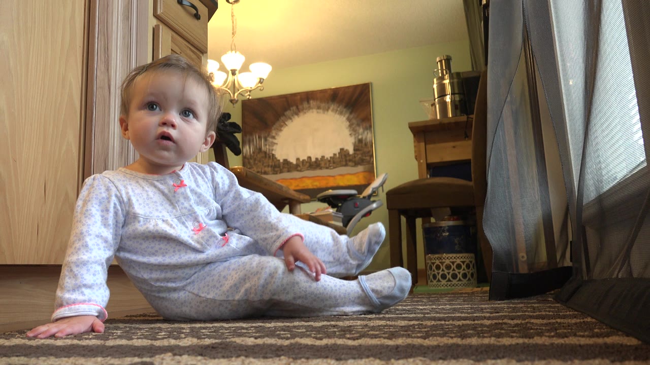 Baby girl remains seated on the striped carpet in the Westminster, Colorado home, looking upward with one hand on the floor and household furniture in the background.