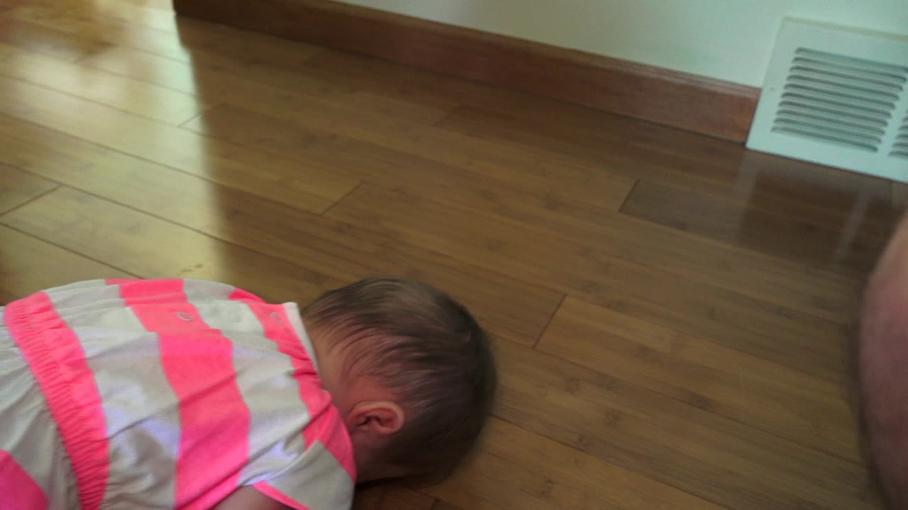 At 0:01, the baby leans forward on the wood floor in the Westminster, Colorado home while part of an adult arm appears along the right edge.