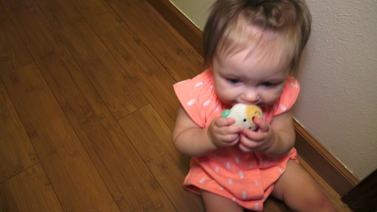 In Broomfield, Colorado, a baby girl in a coral dress sits on a wood floor beside a beige wall while holding a teething toy to her mouth.