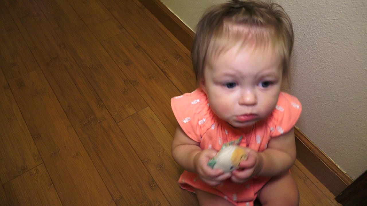 Baby girl looking forward while holding a teething toy on a wood floor.