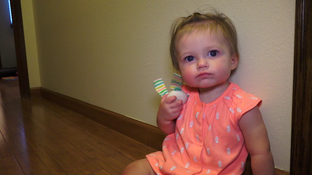 Baby girl sitting on a hardwood floor holding a soft toy.