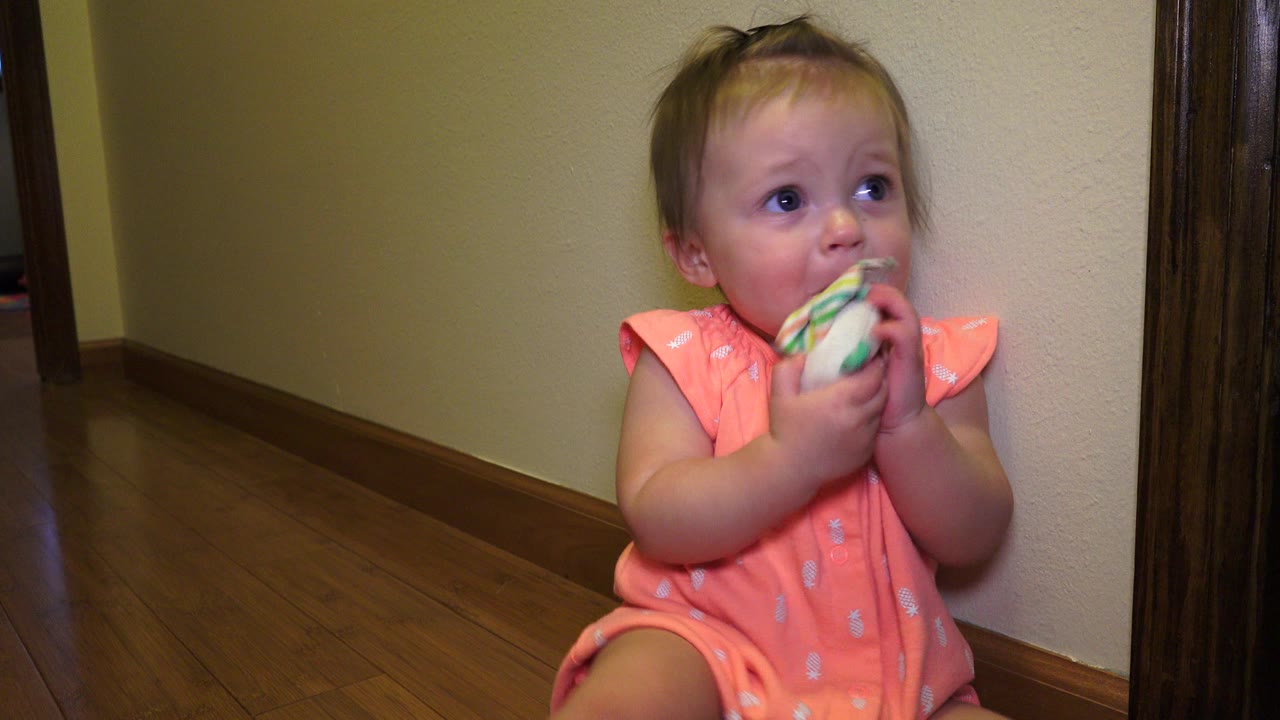 Baby in a pink outfit holds a toy near her mouth on a wood floor.