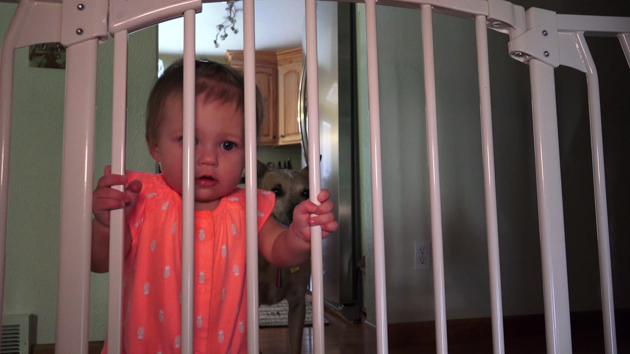 Baby behind safety gate with one eye partly obscured by a bar.
