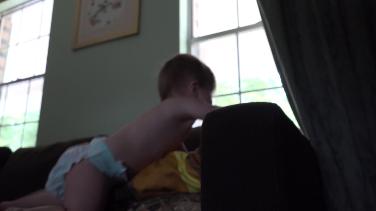 The baby remains on hands and knees on the furniture, partly silhouetted by the window light in the Westminster, Colorado living room.