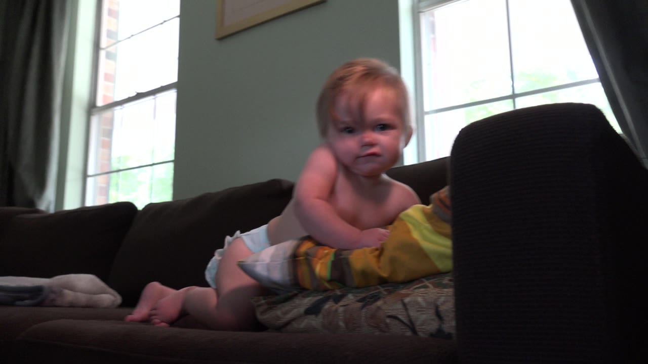 Baby on hands and knees on the couch.