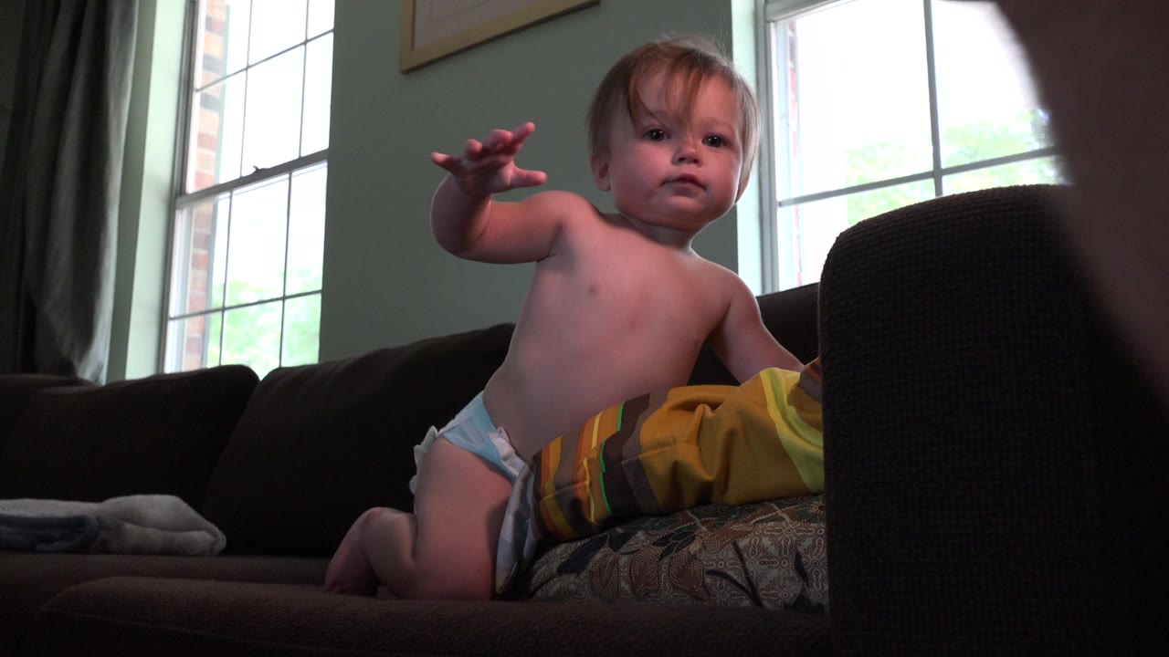 Baby reaching forward on a dark living room sofa.