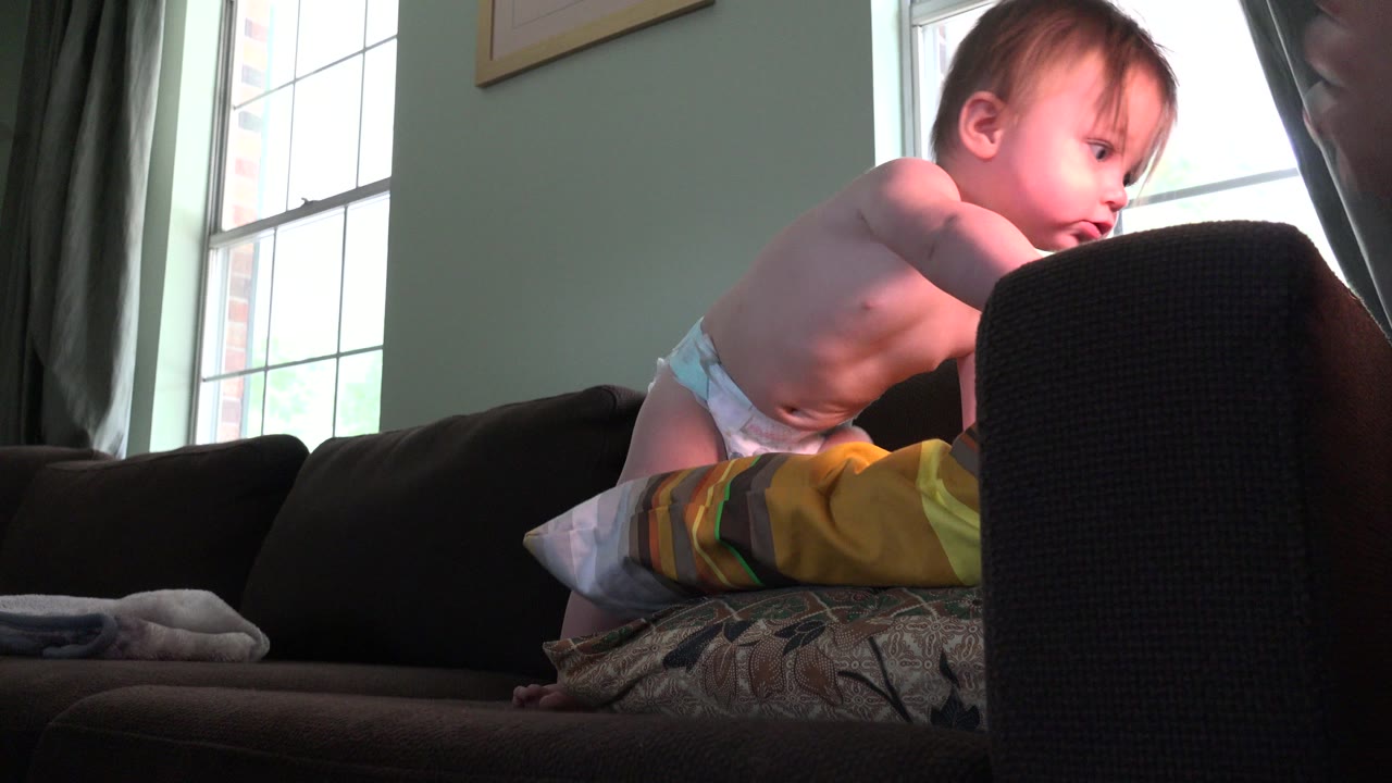 The baby remains leaning across the pillows on the sofa, with the dark sofa arm at right and daylight from the window outlining the child.