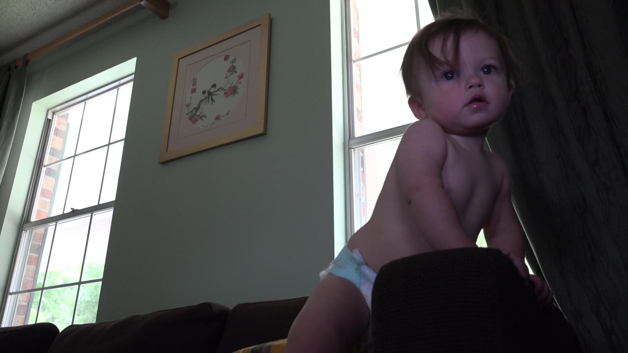 At 0:00, a toddler in a diaper stands beside a dark couch or chair in a Westminster, Colorado living room, with tall windows and framed wall art behind them.