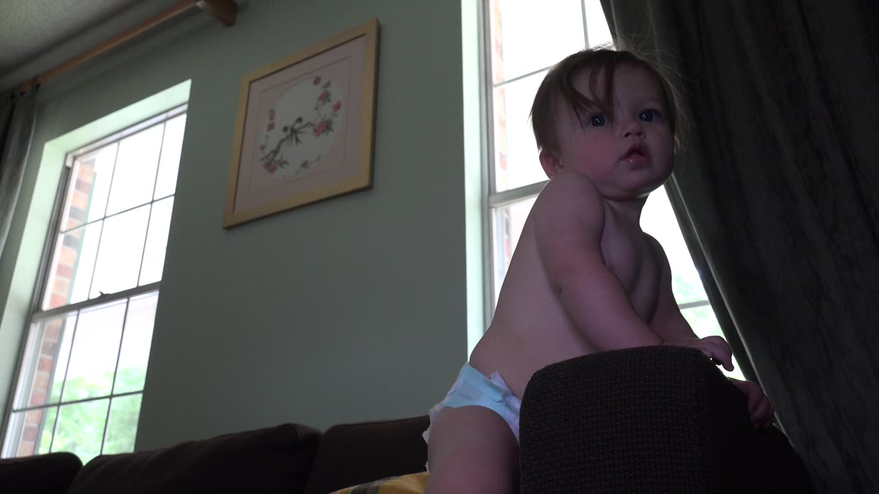 Toddler facing the camera beside a dark curtain and bright windows.