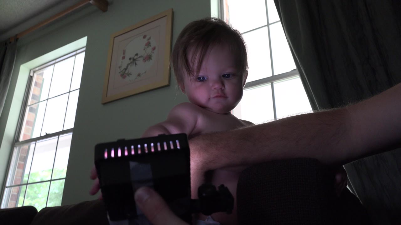 In a Westminster, Colorado home interior, a small child sits or stands behind a sofa while an adult arm reaches across the foreground with a dark handheld light near tall windows.