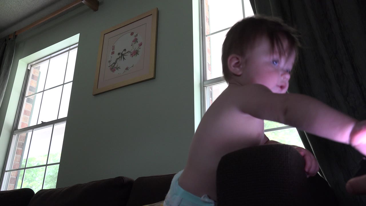 The child leans over the couch in the Westminster home interior as a bright flashlight glow illuminates his outstretched hand near the dark curtain.