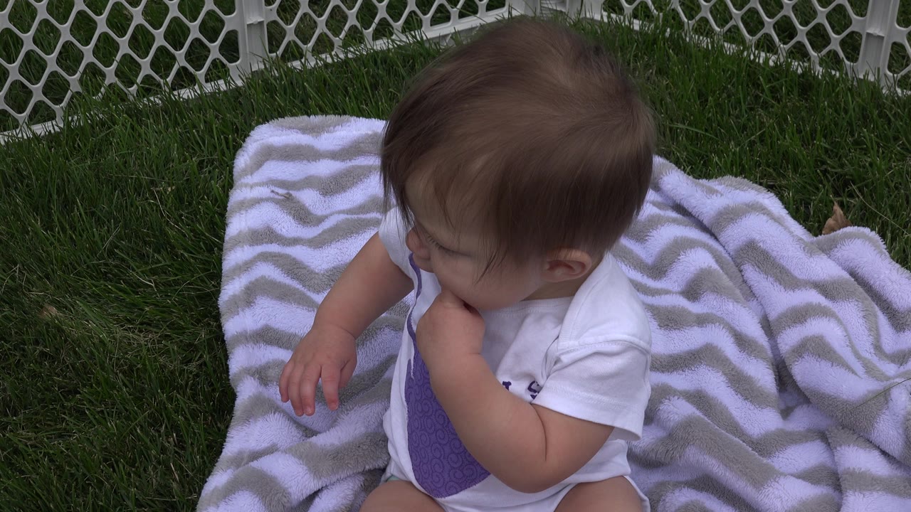 At 0:01, the baby remains seated on the patterned blanket in Westminster, Colorado, turned slightly left with one hand near the mouth and grass filling the background.