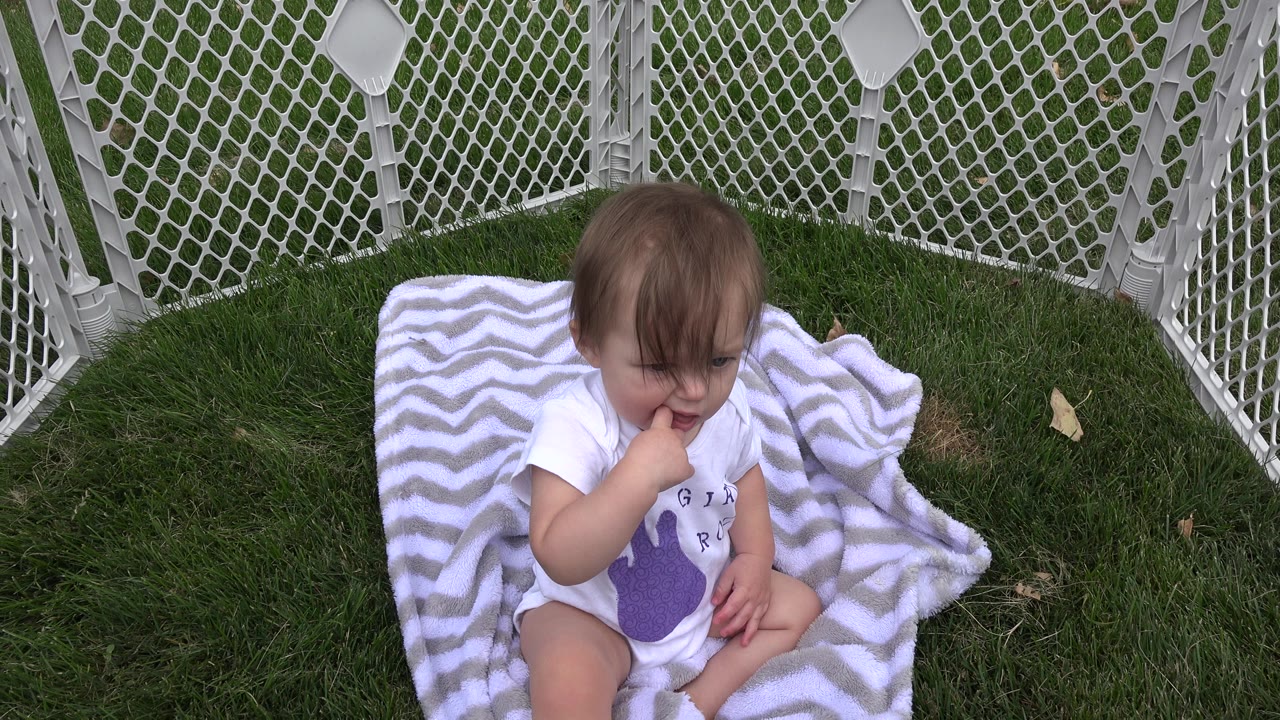 Young child in Westminster, Colorado sits on the blanket with fingers at their mouth, framed by grass and white plastic fence panels.