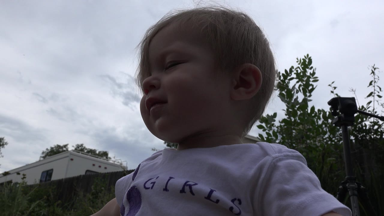 Low-angle close-up of a toddler in Westminster, Colorado, with the face partly silhouetted against an overcast sky and shrubs behind.