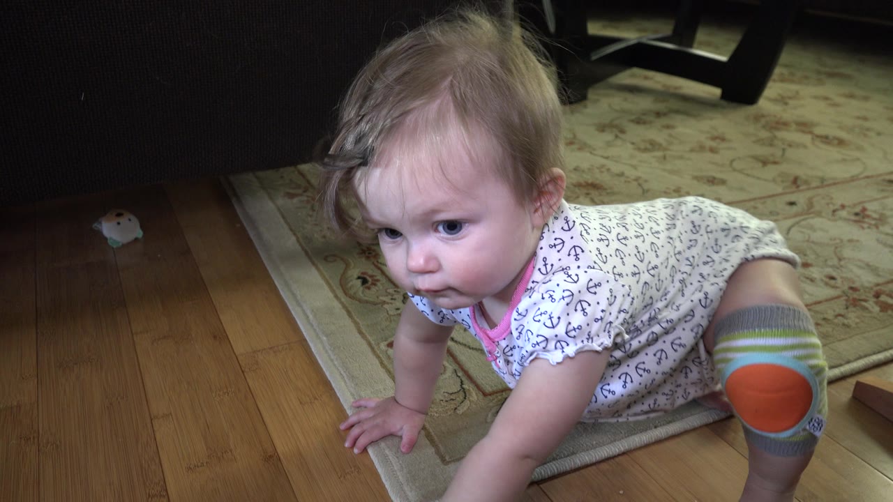 The baby continues crawling near the rug edge, wearing striped knee pads and a white patterned outfit in the Westminster, Colorado interior.