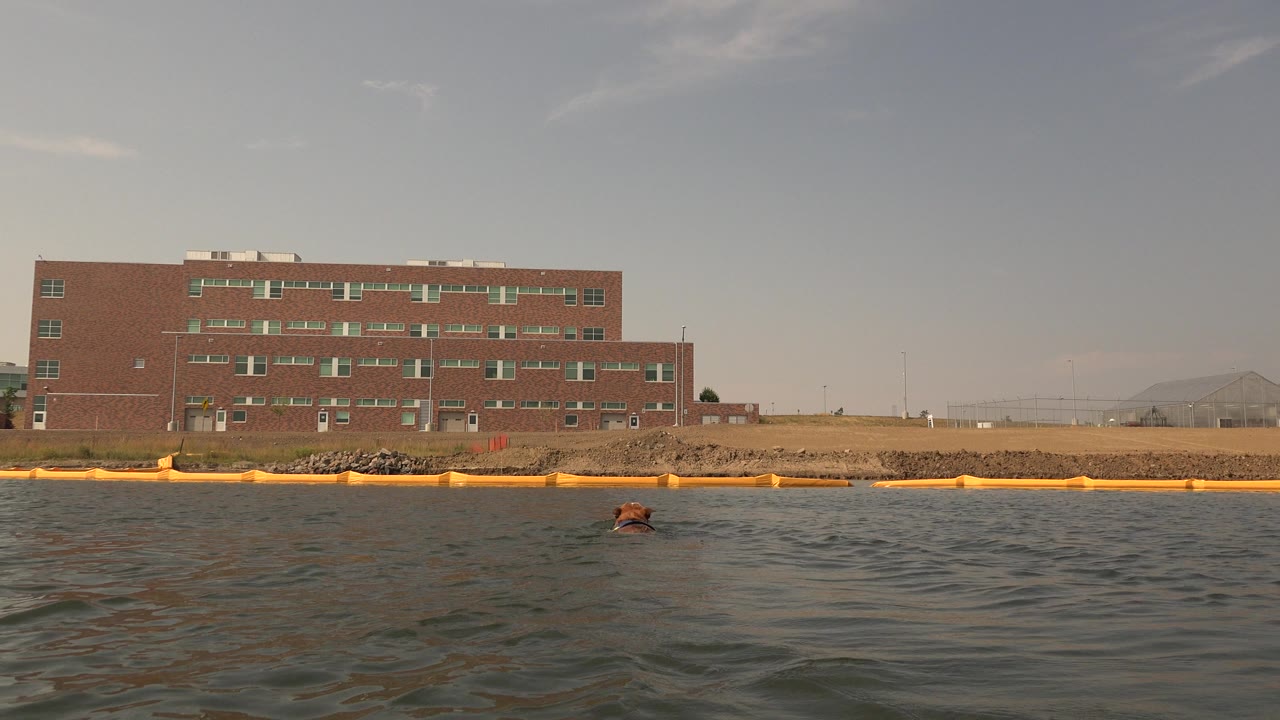The Hidden Lake frame holds on foreground waves, the long yellow barrier, and the brick building centered across the water, with no visible people.