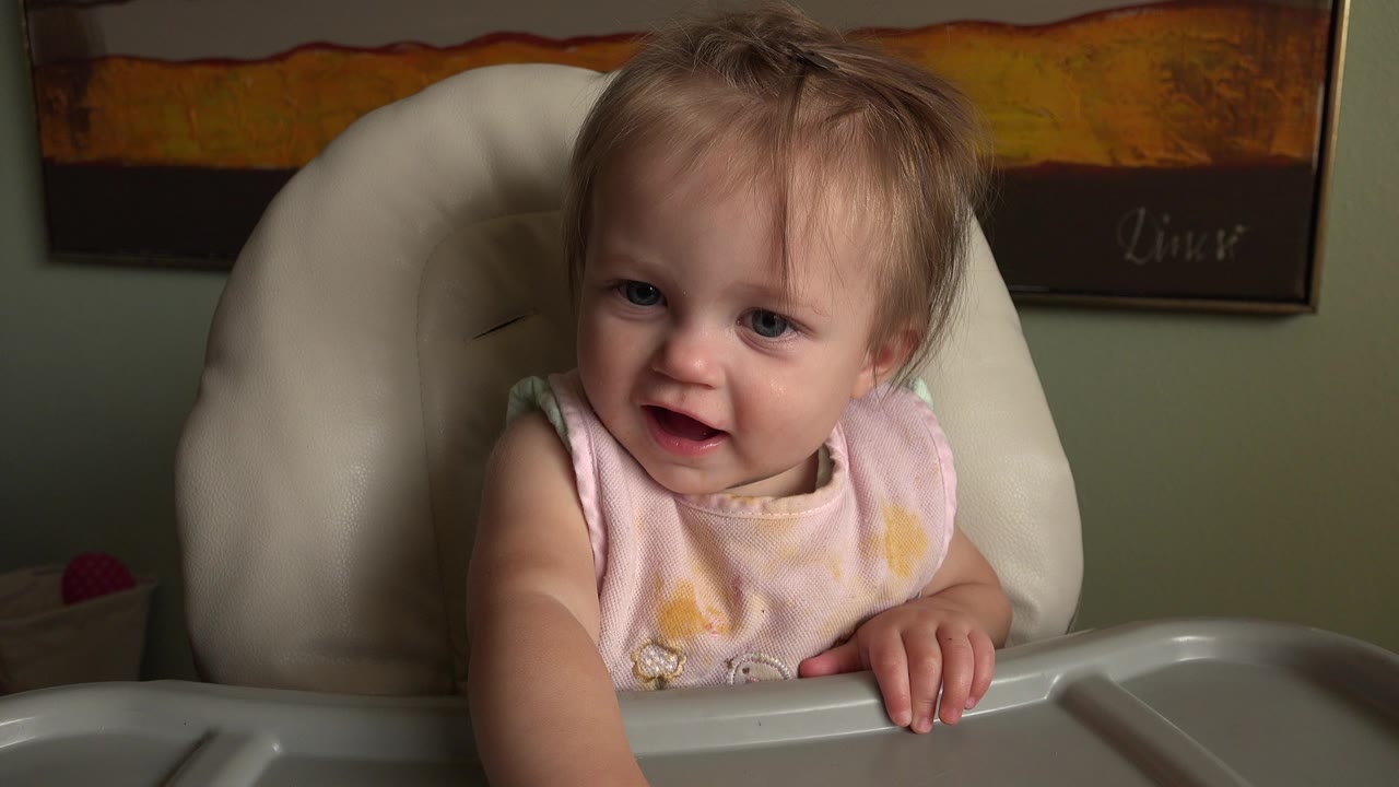 Toddler girl seated in a high chair looking toward the camera.