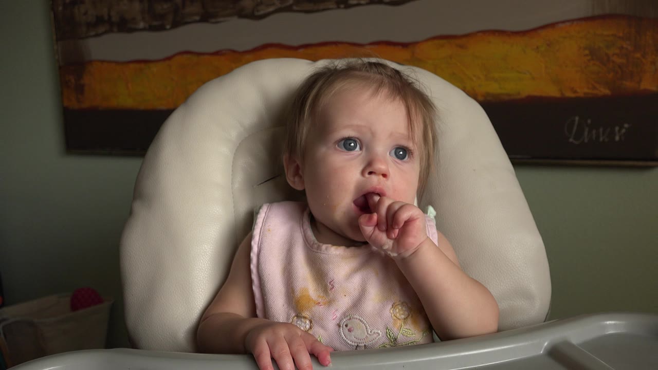 Toddler in a pink bib seated in a white highchair.