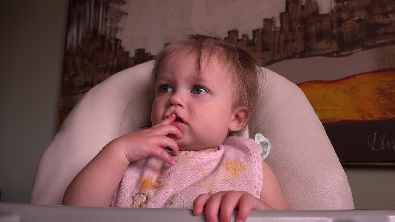 Baby in a pink bib with fingers in her mouth while seated in a high chair.