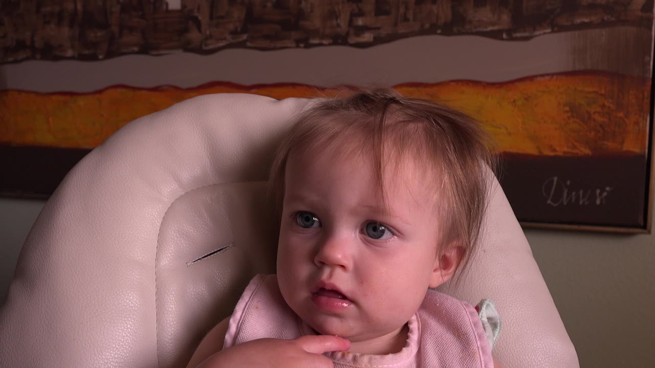 At 0:00, a baby girl in a pink bib sits in a pale high chair in a Hidden Lake, Colorado home interior, looking off camera beneath a wall painting.