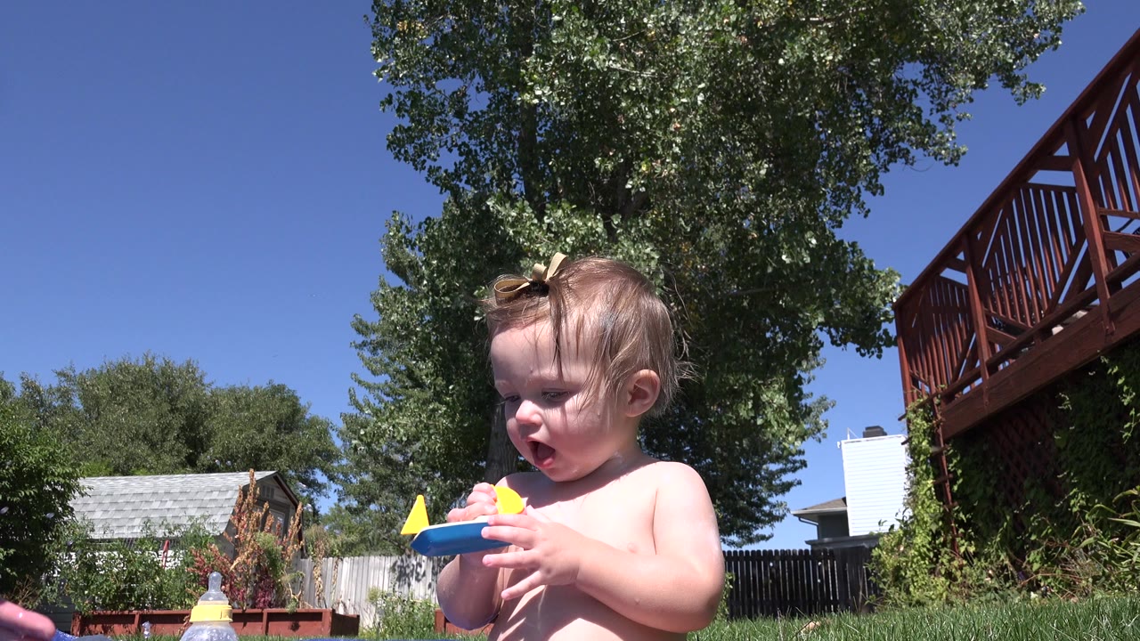 Toddler standing in a sunny grassy yard holding a blue and yellow toy.