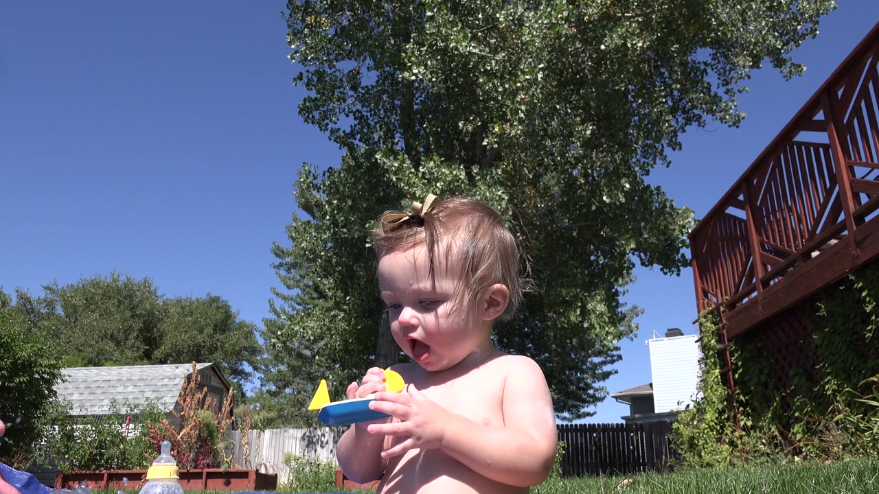 The child looks down at the blue and yellow toy while standing in a Westminster, Colorado backyard with a leafy tree canopy, fence, and deck visible.